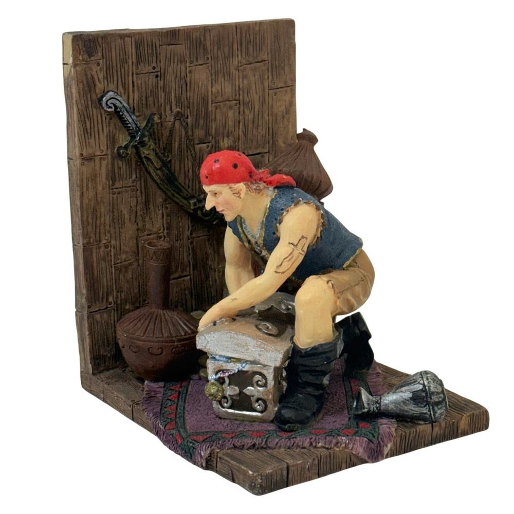 Vintage 90s Resin Pirate Bookend Treasure Chest Nautical Library Shelf Decor